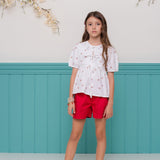 Conjunto infantil feminino com blusa de cerejas e short vermelho