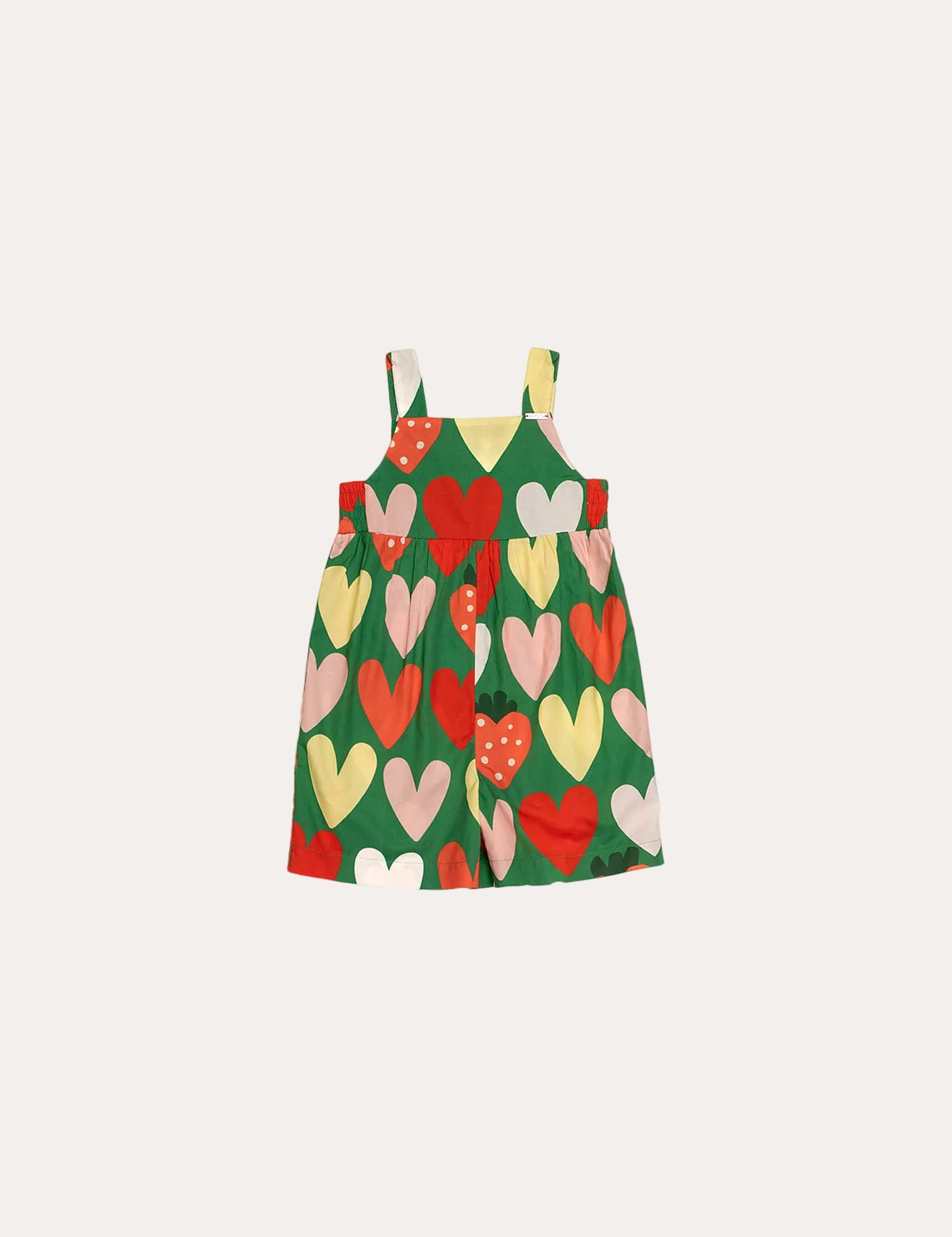 Macacão infantil com estampa de corações coloridos em verde, vermelho e amarelo