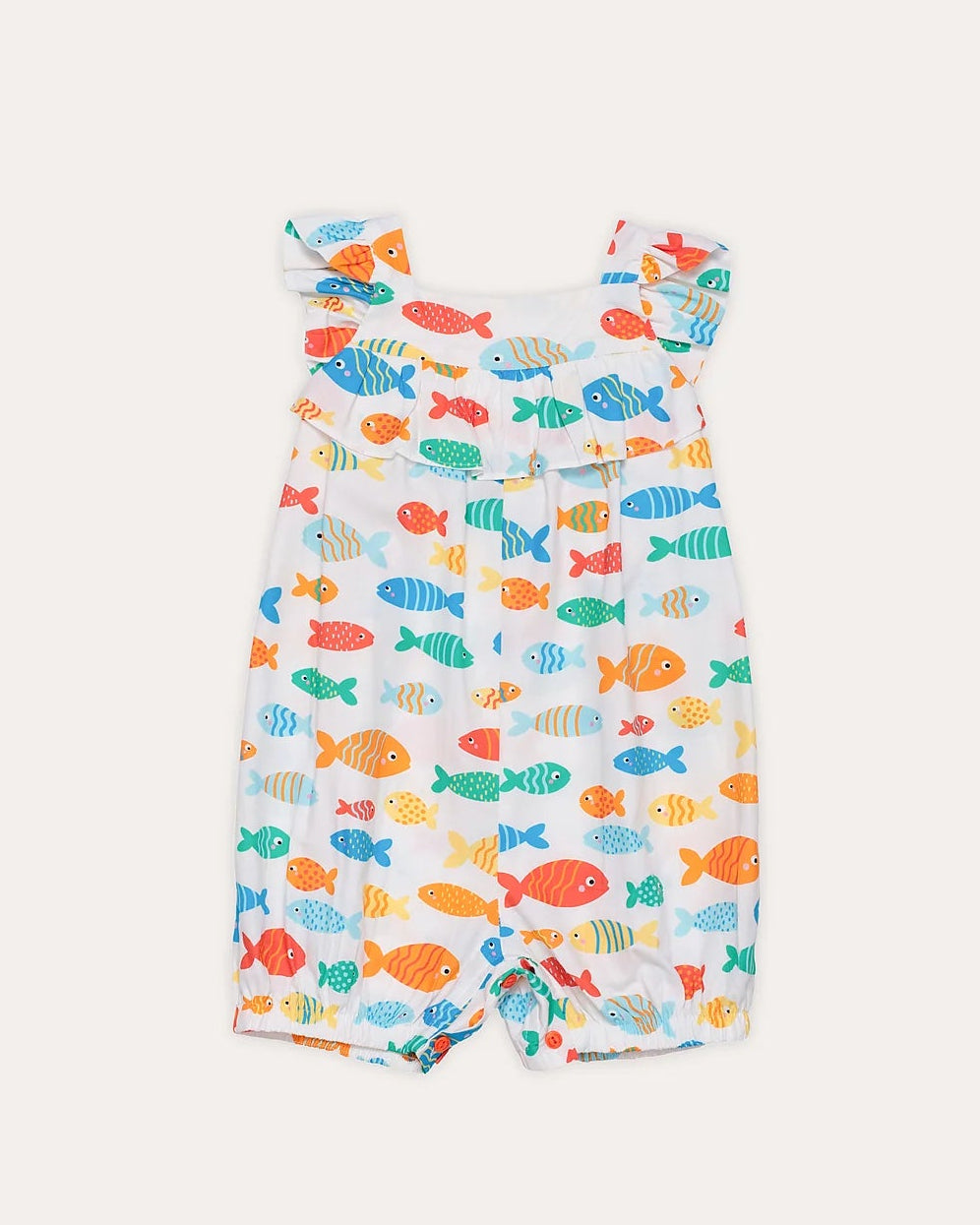 Macacão infantil feminino com estampa de peixinhos coloridos e alças largas