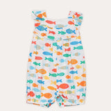 Macacão infantil feminino com estampa de peixinhos coloridos e alças largas