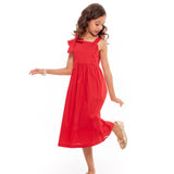 Vestido midi feminino infantil com alças largas e laços, saia ampla e tecido macio.