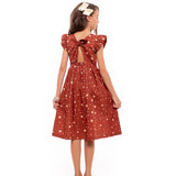 Vestido curto feminino infantil com alças largas, estampa de estrelas e saia ampla