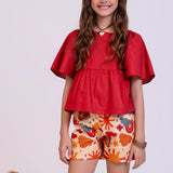 Conjunto com blusa vermelha e short estampado infantil feminino Antonita para meninas de 4 a 16 anos