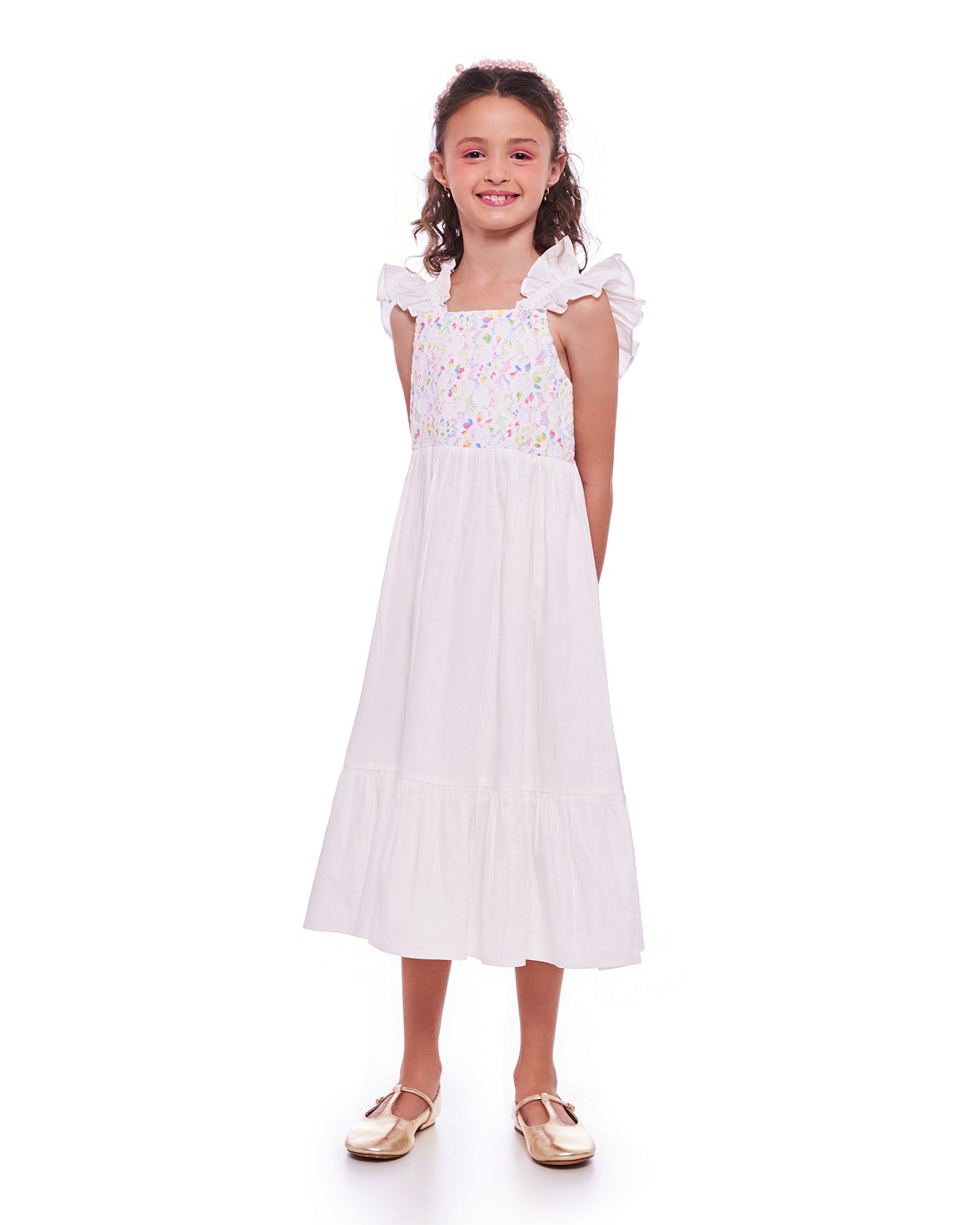 Vestido midi feminino infantil com alças em babados e estampa floral colorida