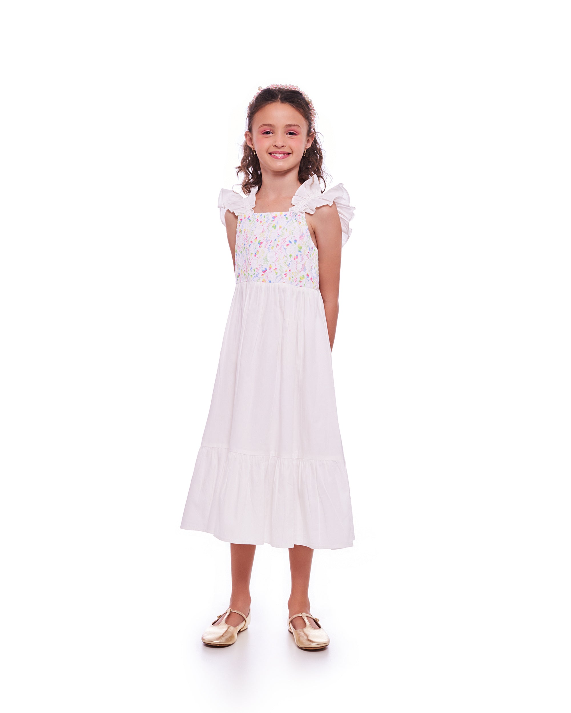 Vestido midi feminino infantil com alças em babados e estampa floral colorida