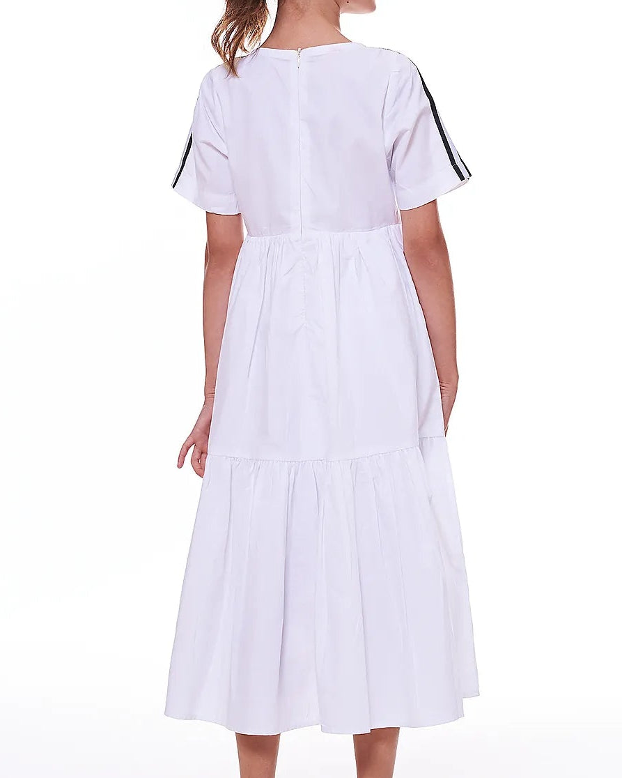 Vestido branco feminino infantil com listras nas mangas e saia longa