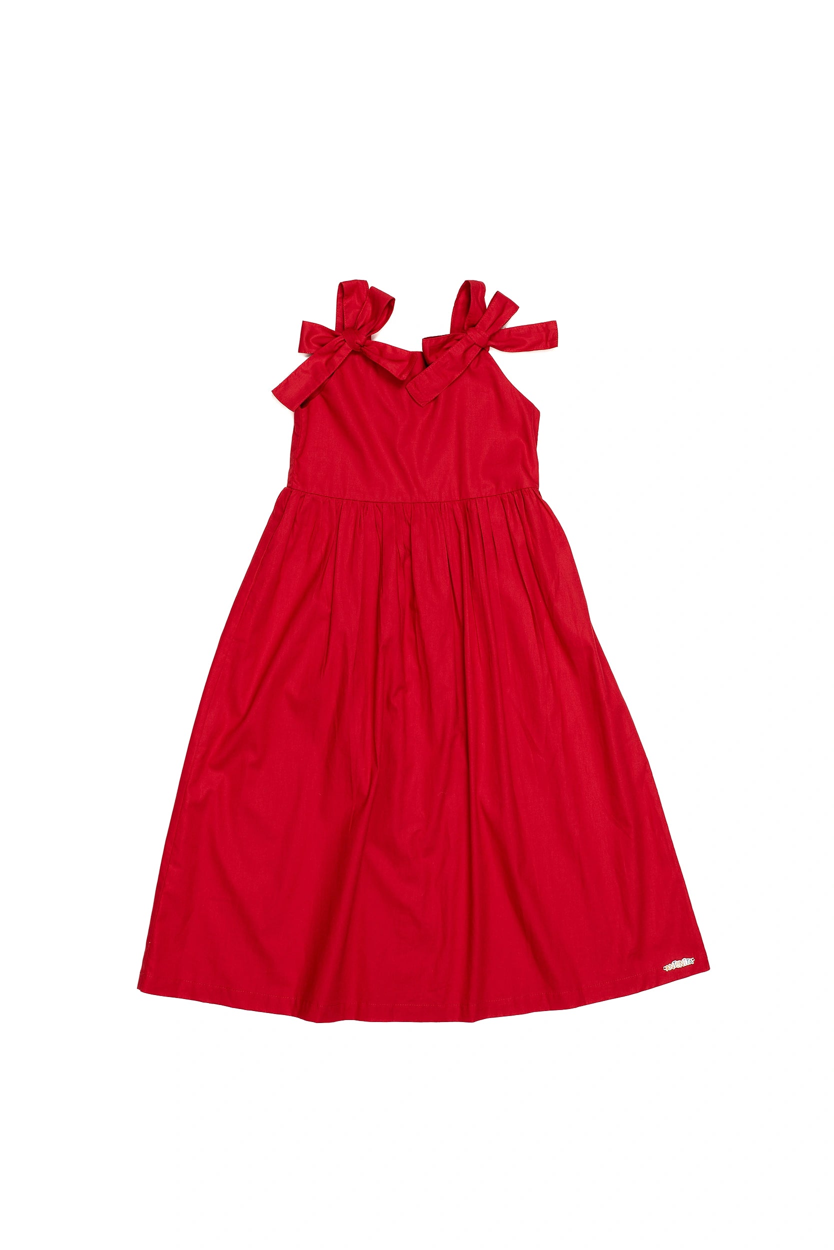 Vestido midi feminino infantil com alças largas e laços, saia ampla e tecido macio.