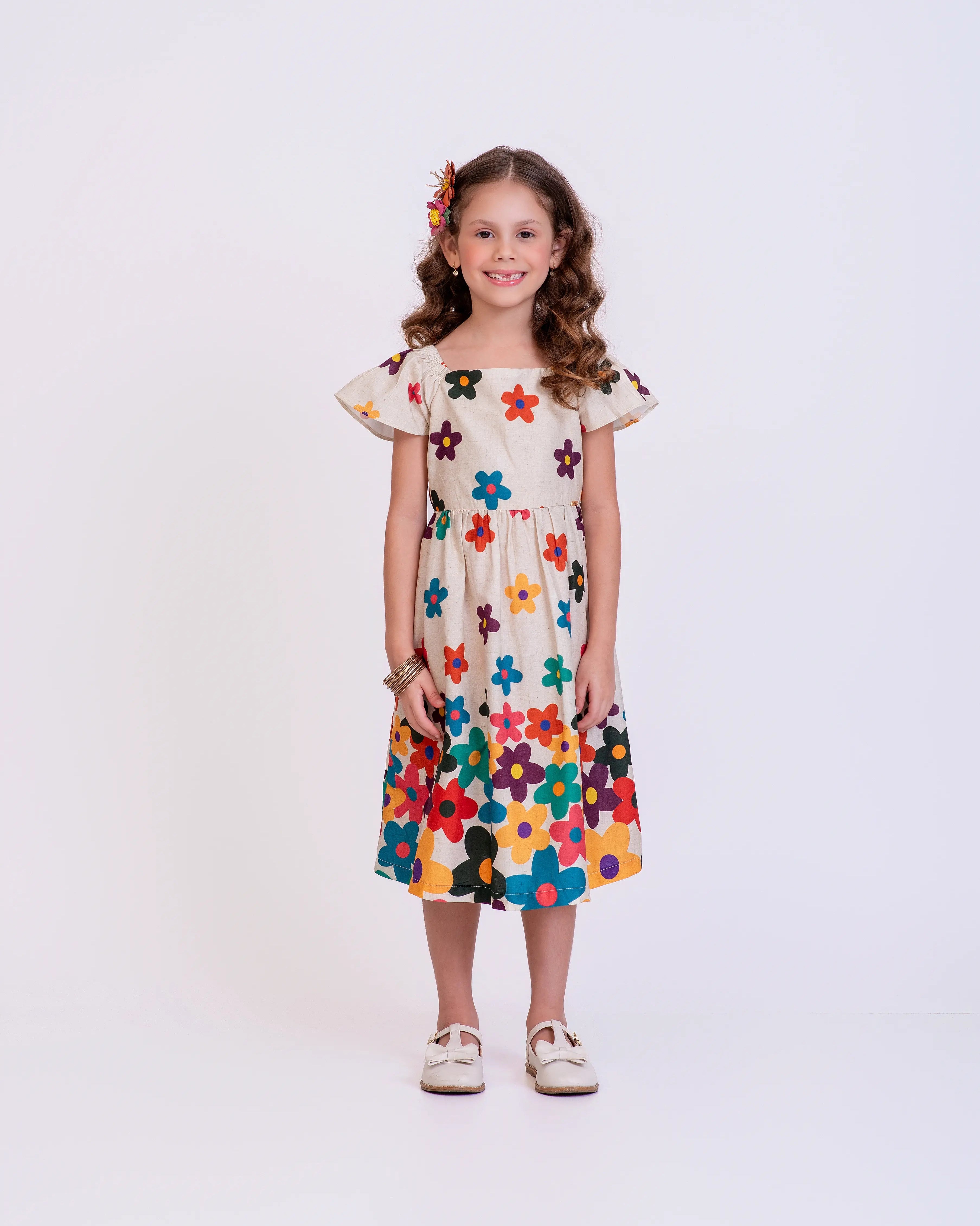 Vestido curto com estampa floral infantil feminino Antonita para meninas de 4 a 12 anos