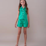 Conjunto infantil feminino verde com blusa sem mangas e saia elástica, detalhes em babados