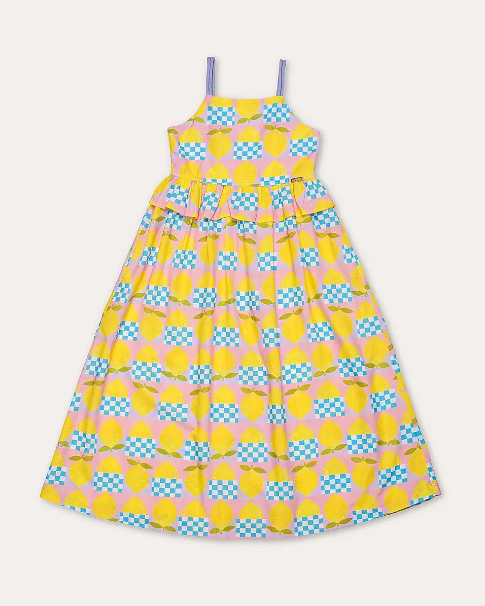 Vestido midi feminino infantil amarelo com estampa de círculos e quadrados coloridos, alças finas e saia rodada