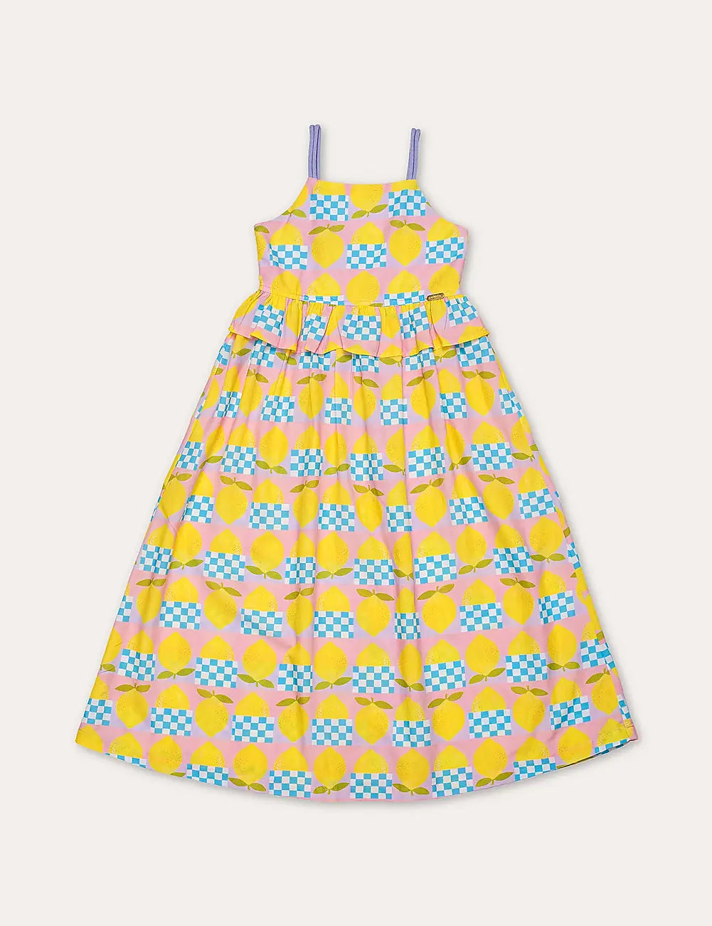 Vestido midi feminino infantil amarelo com estampa de círculos e quadrados coloridos, alças finas e saia rodada