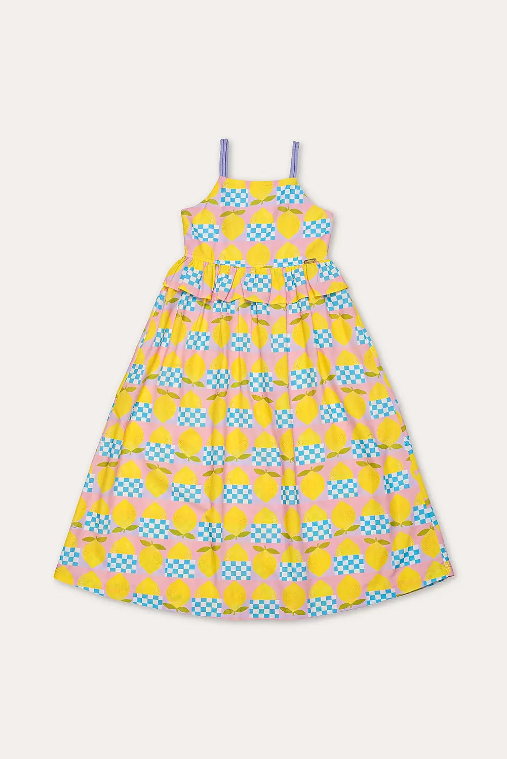 Vestido midi feminino infantil amarelo com estampa de círculos e quadrados coloridos, alças finas e saia rodada