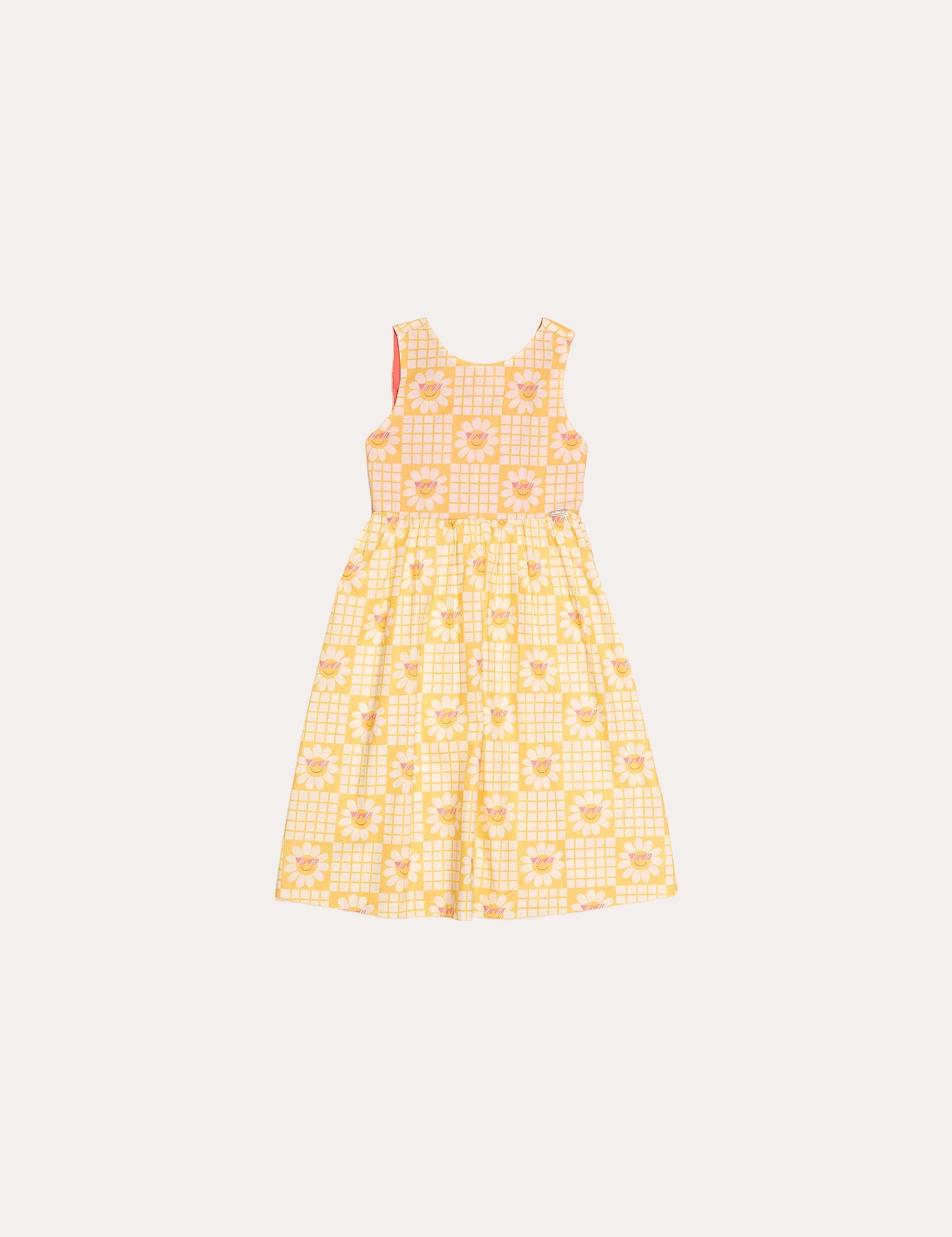 Vestido midi feminino infantil amarelo com estampa de flores grandes em padrão quadriculado
