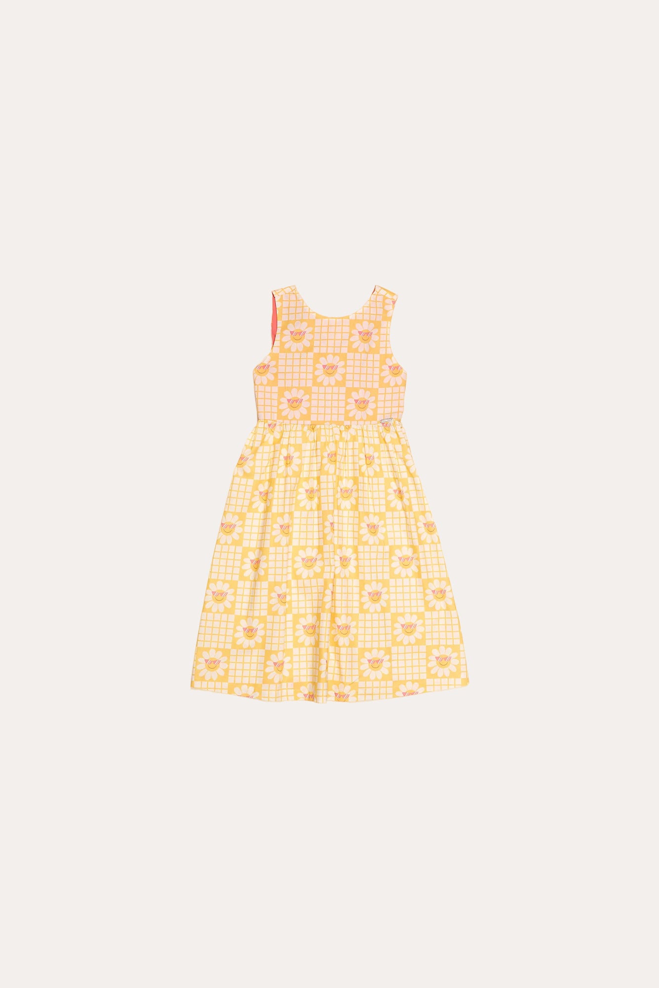 Vestido midi feminino infantil amarelo com estampa de flores grandes em padrão quadriculado