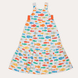 Vestido infantil com estampa de peixes coloridos e saia ampla