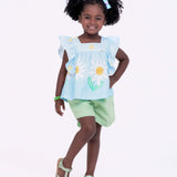 Conjunto com blusa floral e short liso infantil feminino Antonita para meninas de 4 a 16 anos