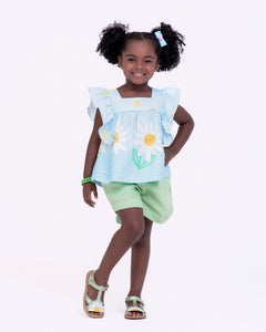 Conjunto com blusa floral e short liso infantil feminino Antonita para meninas de 4 a 16 anos