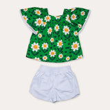 Conjunto infantil feminino com blusa verde de flores brancas e short branco