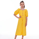 Macaco tricoline amarelo com mangas bufantes e botões frontais, peça feminina infantil