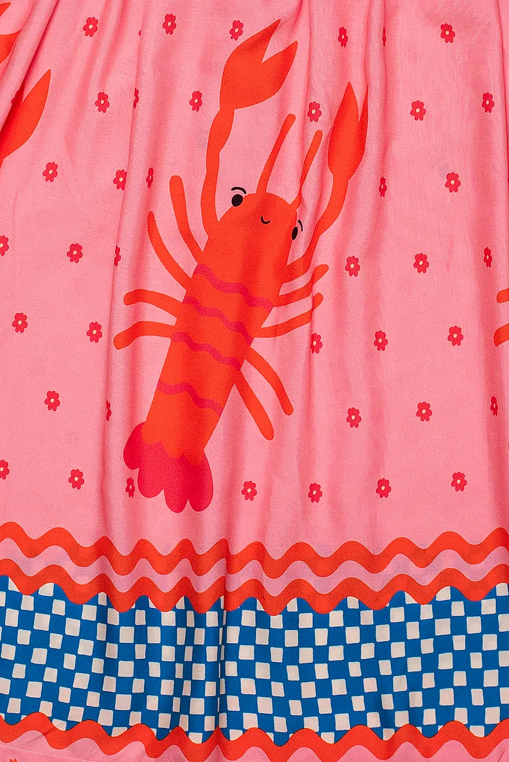 Vestido midi rosa com estampa de lagostas e saia rodada, alças finas, para meninas