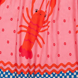 Vestido midi rosa com estampa de lagostas e saia rodada, alças finas, para meninas