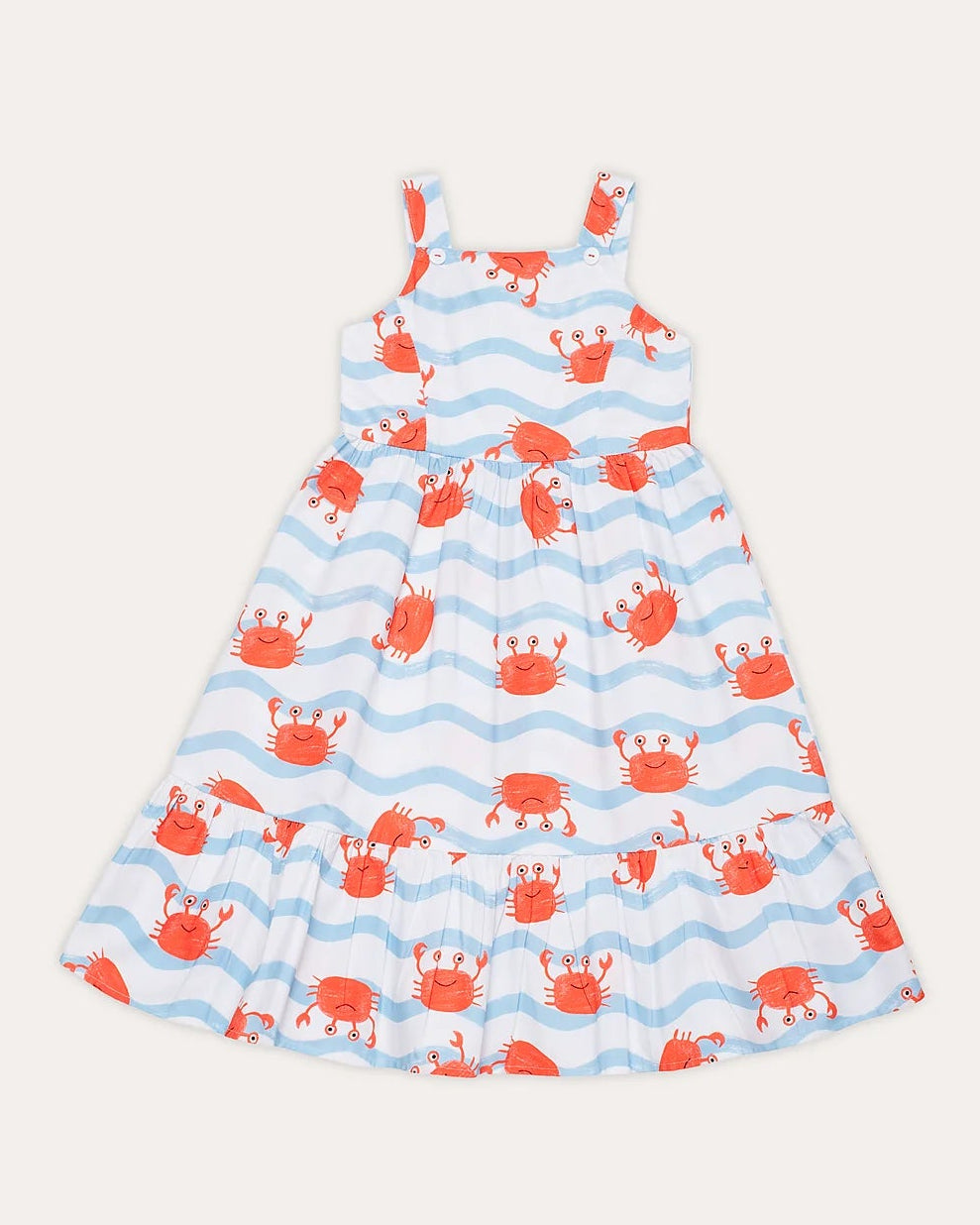 Vestido curto feminino infantil com estampa de caranguejos e listras azuis