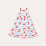 Vestido curto feminino infantil com estampa de caranguejos e listras azuis