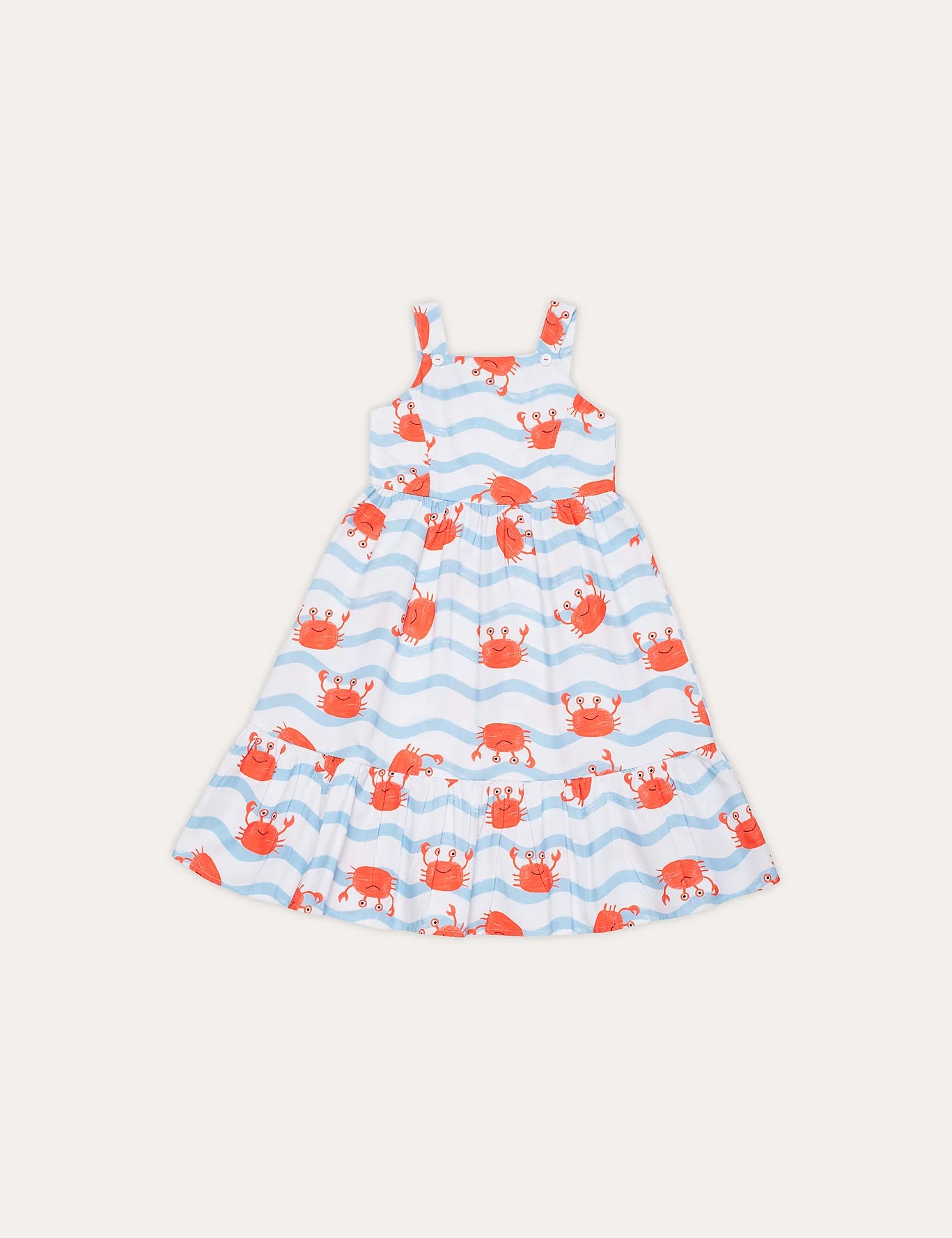 Vestido curto feminino infantil com estampa de caranguejos e listras azuis