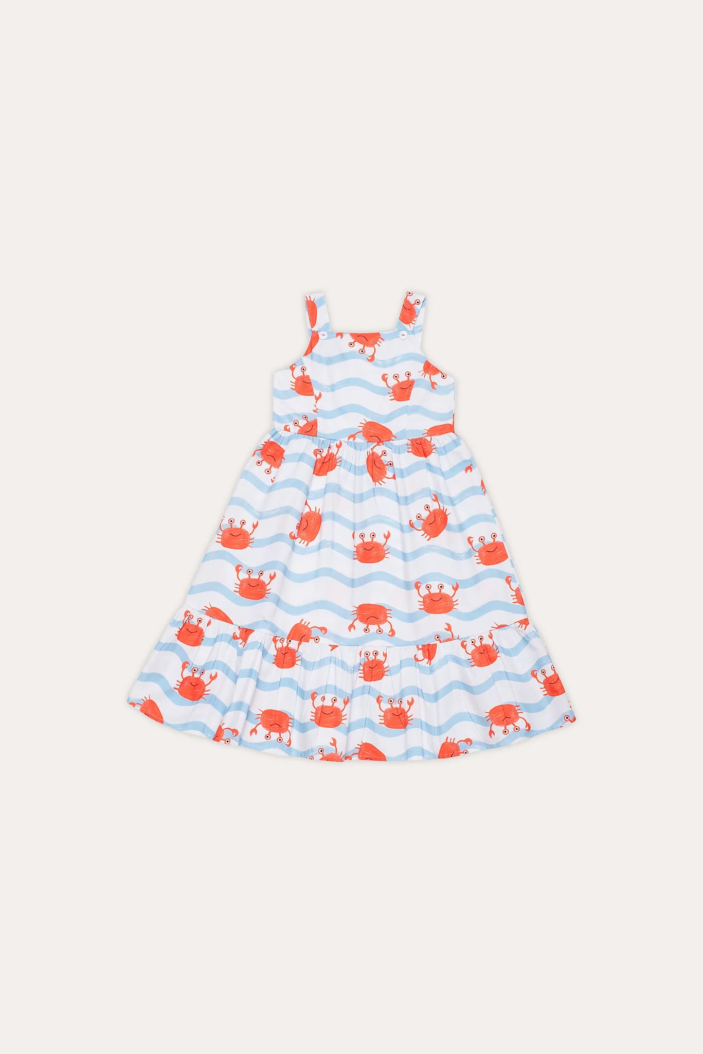 Vestido curto feminino infantil com estampa de caranguejos e listras azuis