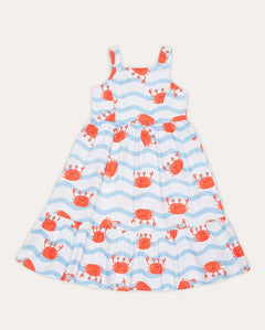 Vestido curto feminino infantil com estampa de caranguejos e listras azuis