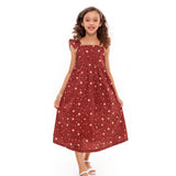 Vestido midi feminino infantil com alças largas, babados e estampa de estrelas
