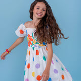 Vestido midi feminino infantil com estampa de flores e bolinhas coloridas, mangas bufantes e saia solta