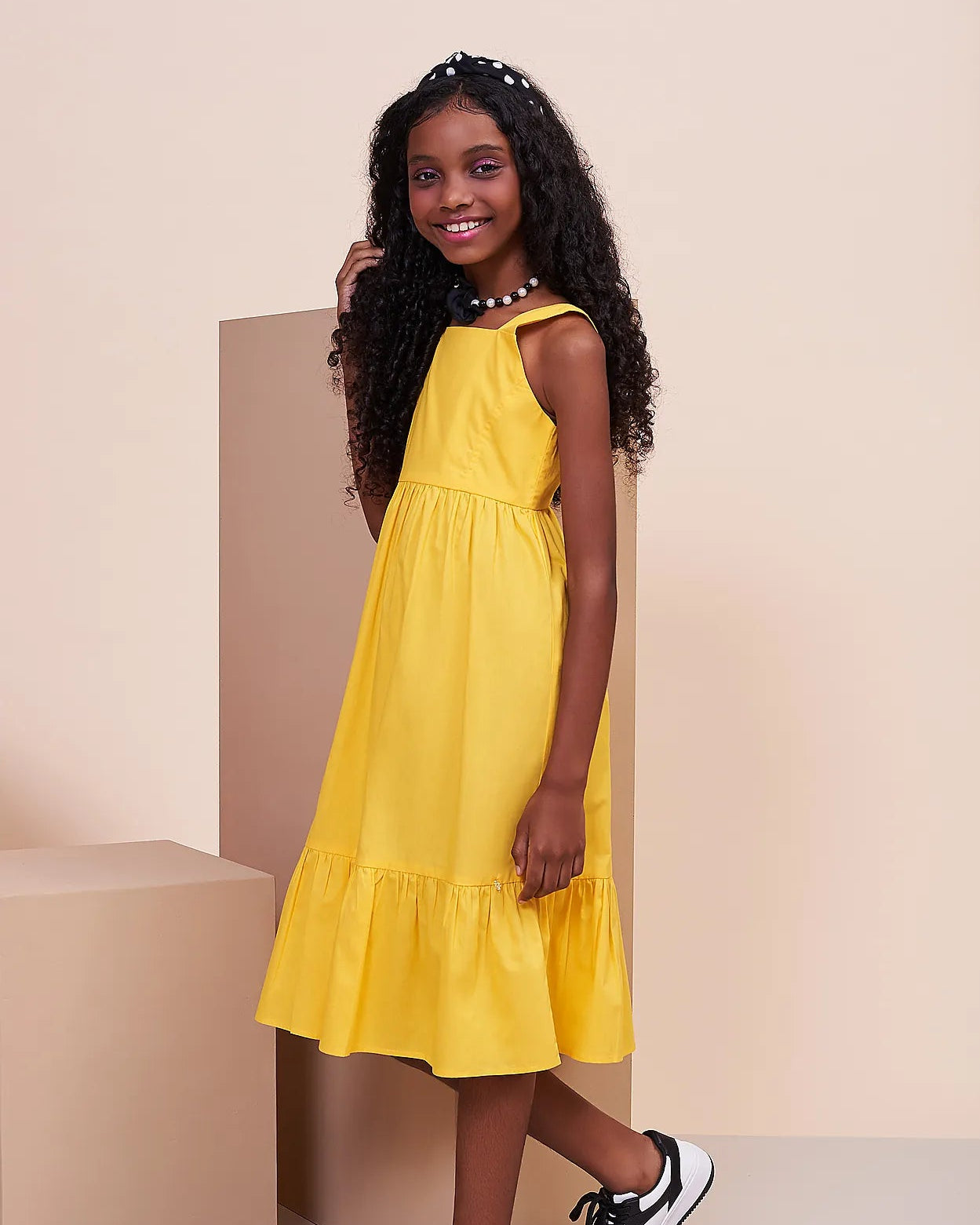 Vestido midi amarelo com alças retas e saia em camadas, feminino infantil