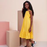 Vestido midi amarelo com alças retas e saia em camadas, feminino infantil