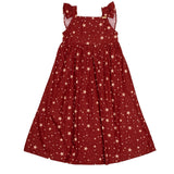 Vestido midi feminino infantil com alças largas, babados e estampa de estrelas