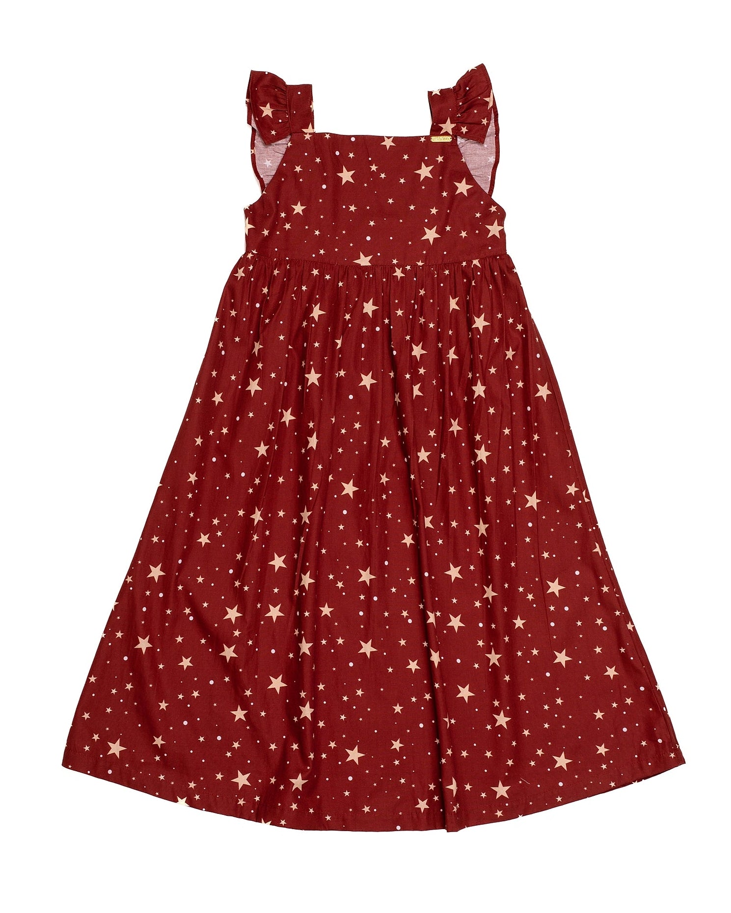 Vestido midi feminino infantil com alças largas, babados e estampa de estrelas