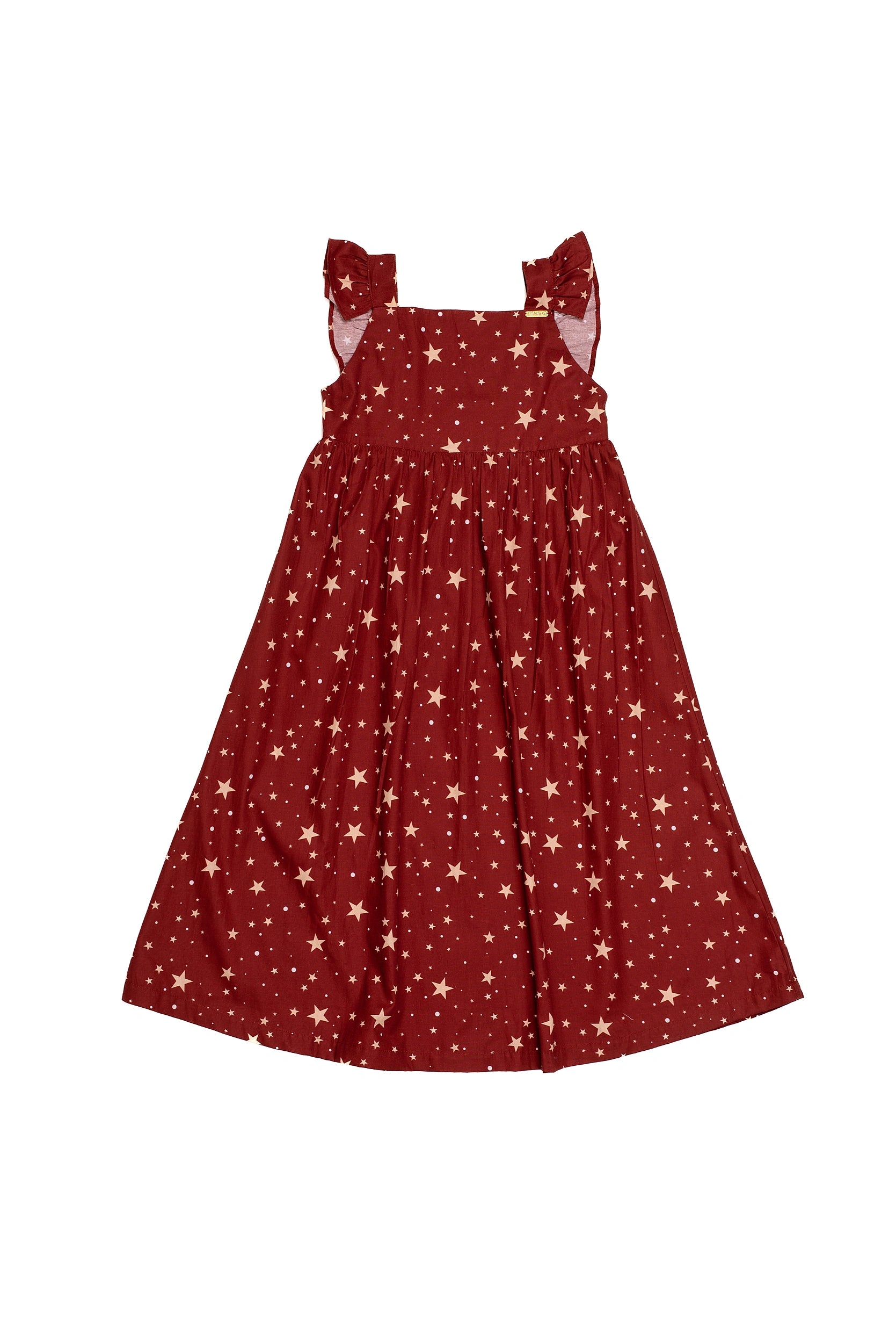 Vestido midi feminino infantil com alças largas, babados e estampa de estrelas