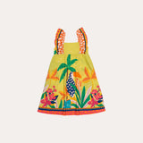 Vestido infantil com estampa tropical de flores e folhas coloridas, alças largas listradas