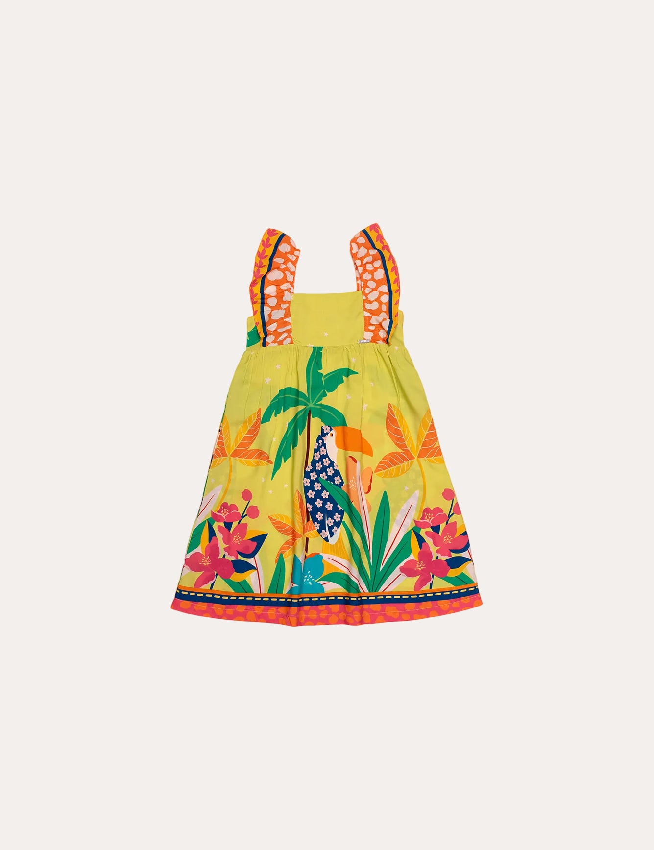 Vestido infantil com estampa tropical de flores e folhas coloridas, alças largas listradas