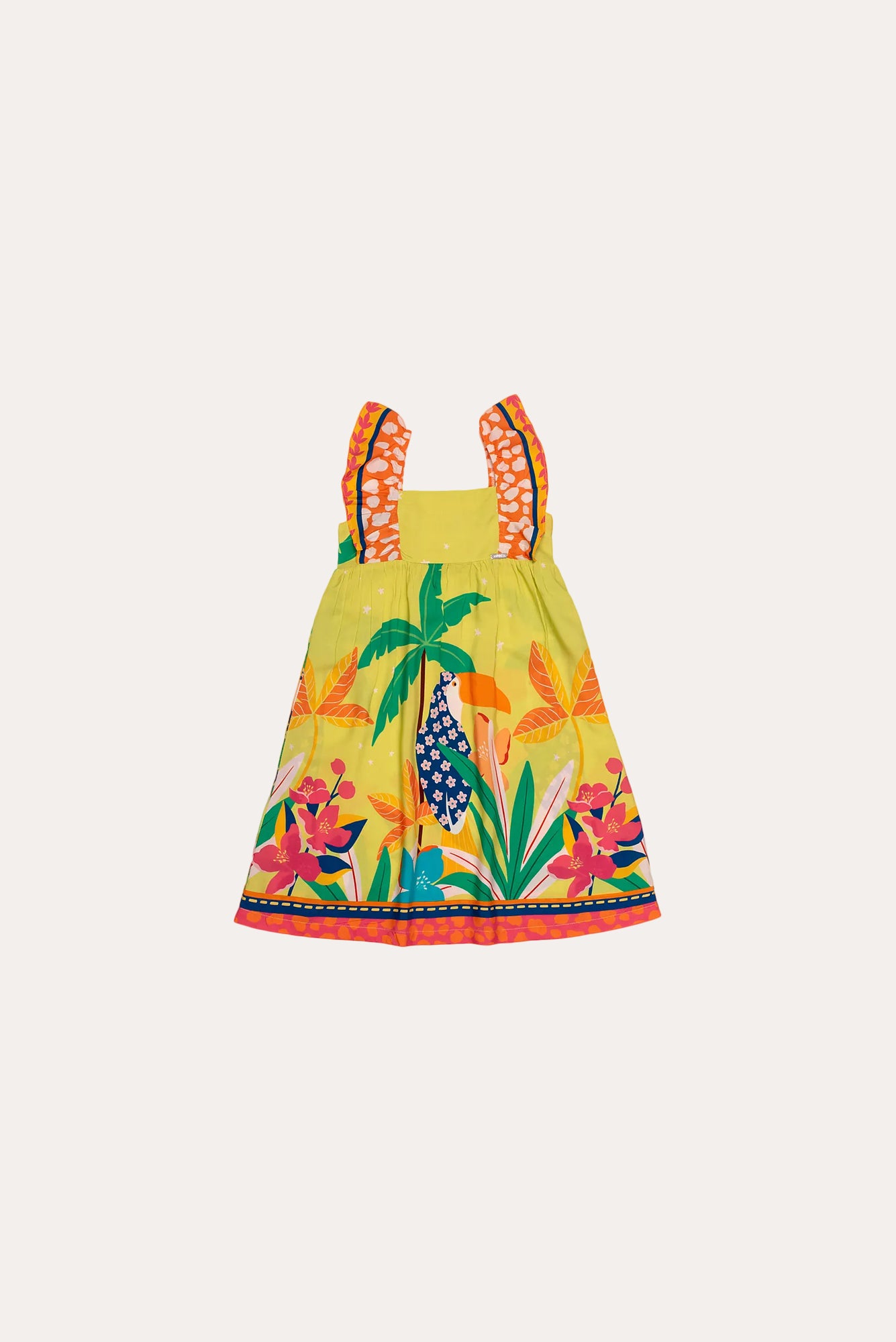 Vestido infantil com estampa tropical de flores e folhas coloridas, alças largas listradas