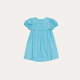 Vestido infantil azul com mangas bufantes e detalhe de franzido na frente
