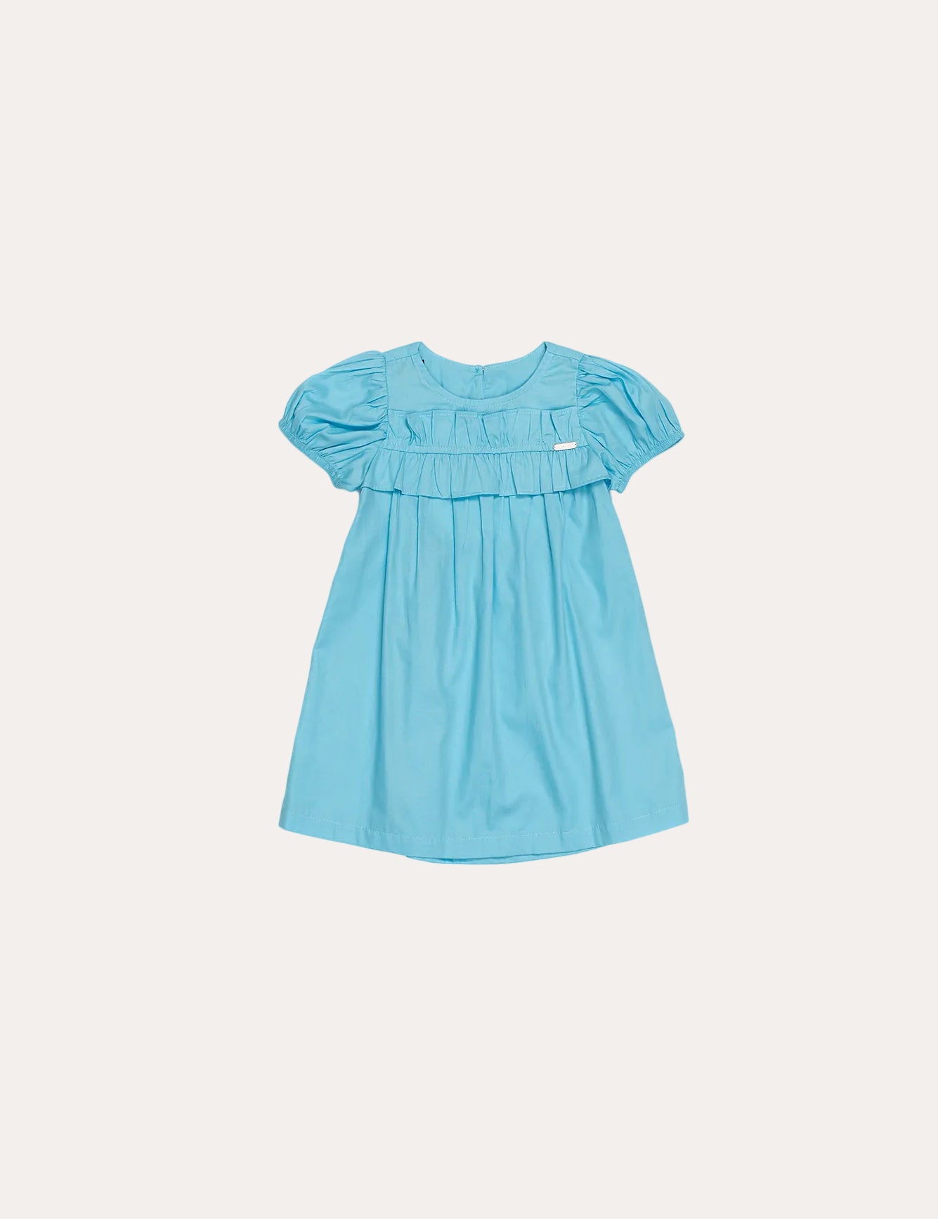 Vestido infantil azul com mangas bufantes e detalhe de franzido na frente