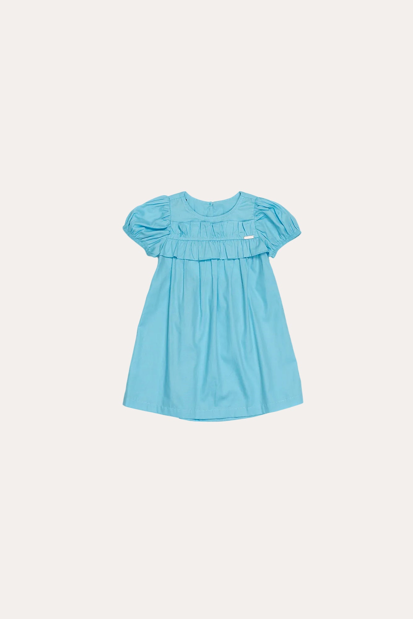 Vestido infantil azul com mangas bufantes e detalhe de franzido na frente