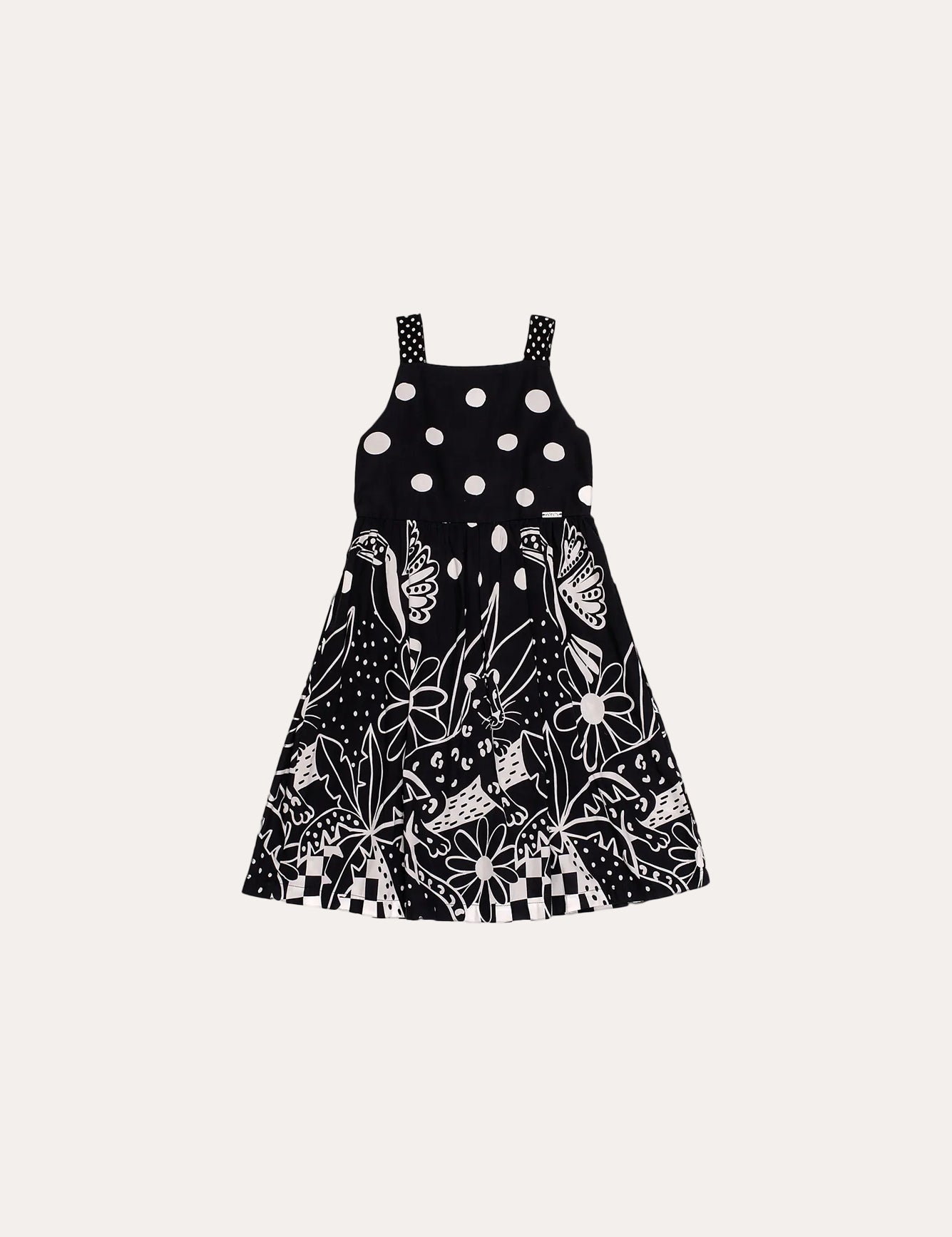 Vestido feminino infantil com estampa de borboletas e flores em preto e branco, alças com babados