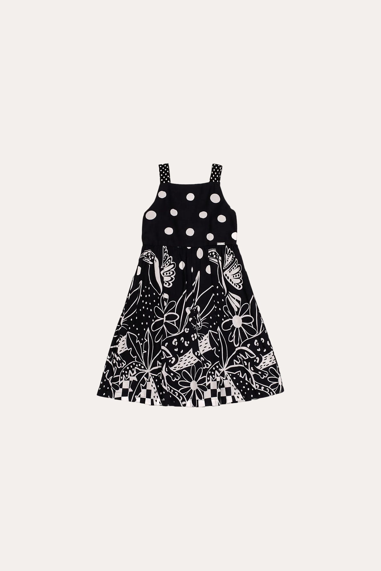 Vestido feminino infantil com estampa de borboletas e flores em preto e branco, alças com babados