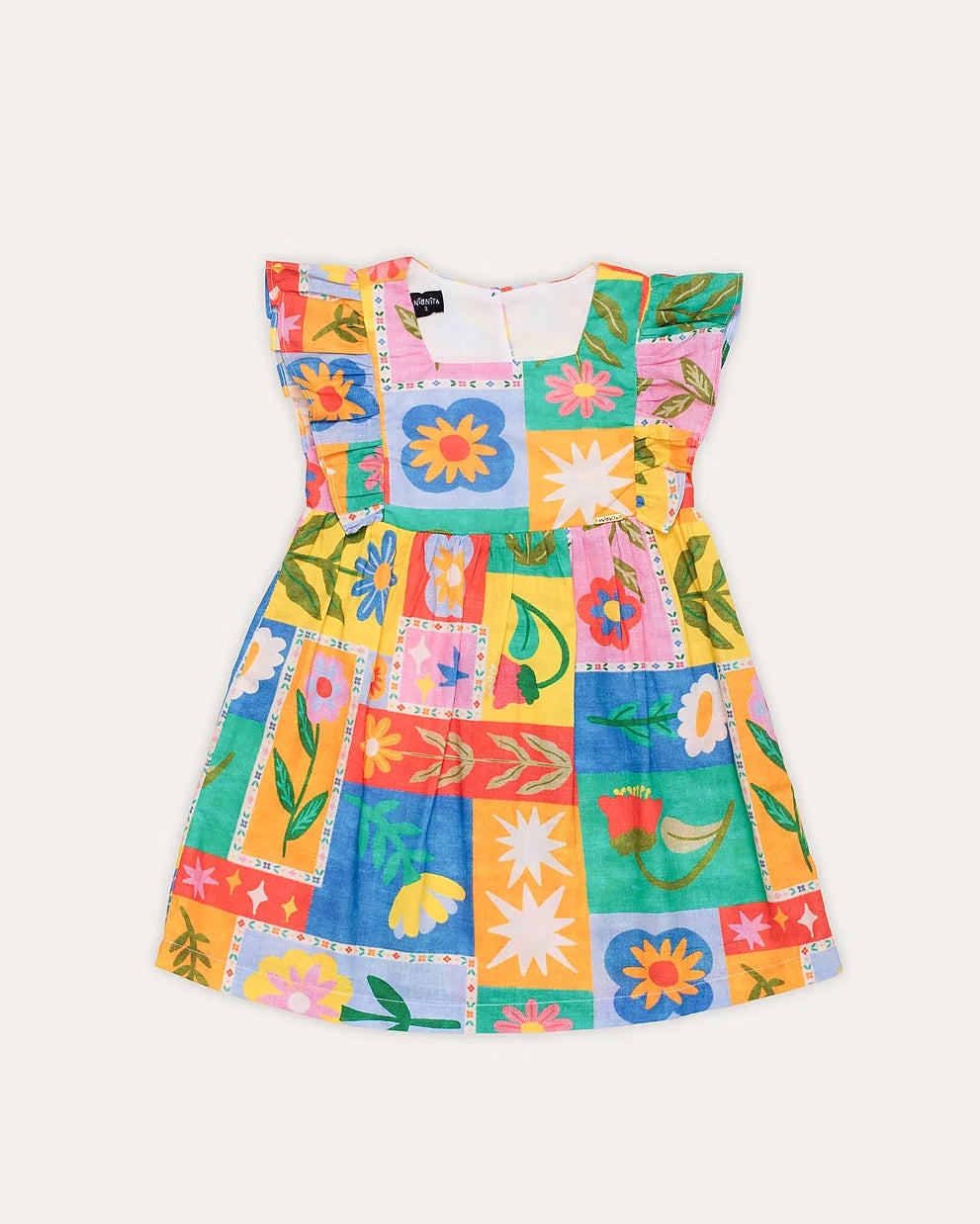 Vestido curto feminino infantil com estampa de quadrados coloridos e flores, mangas em babados