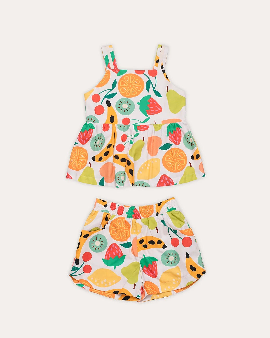 Conjunto infantil feminino com blusa de alças e short, estampa de frutas coloridas