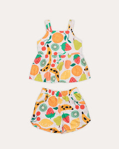 Conjunto infantil feminino com blusa de alças e short, estampa de frutas coloridas