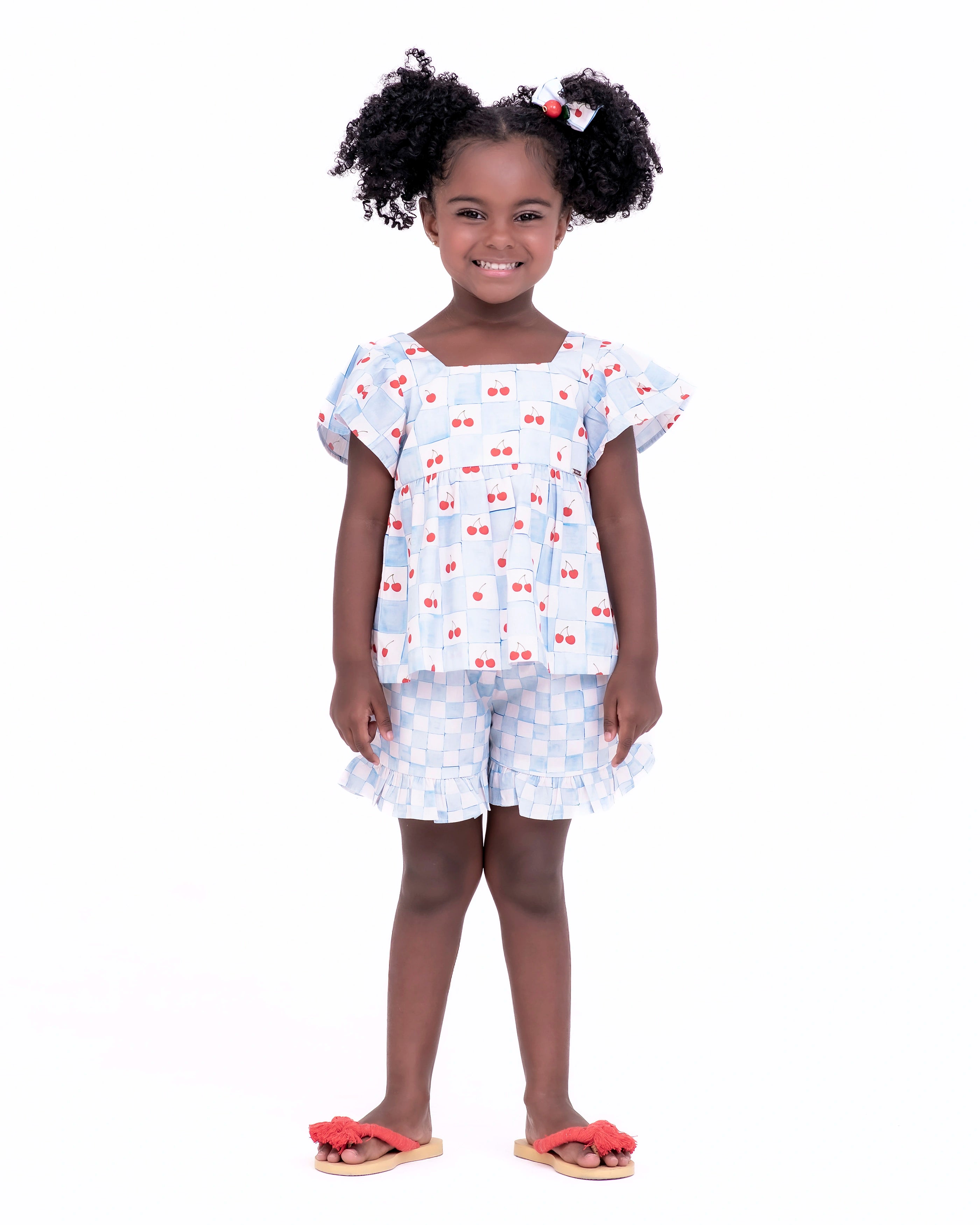Conjunto com blusa e shortinho estampado Vichy Cherry infantil feminino Antonita para meninas de 4 a 16 anos