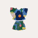 Conjunto infantil feminino com blusa bufante e short colorido em estampa geométrica